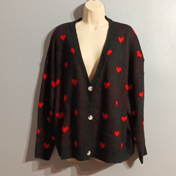 Shein Plus black with red ♥️ heart pattern drop shoulder duster cardigan 3xl - Picture 8 of 17